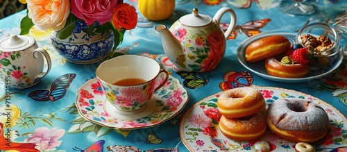 festive kitchen table setting and food with drinks and beautiful green pink butterfly patterned tablecloths Donuts teapot tea mug vase of flowers Tablecloths for parties and restaurants