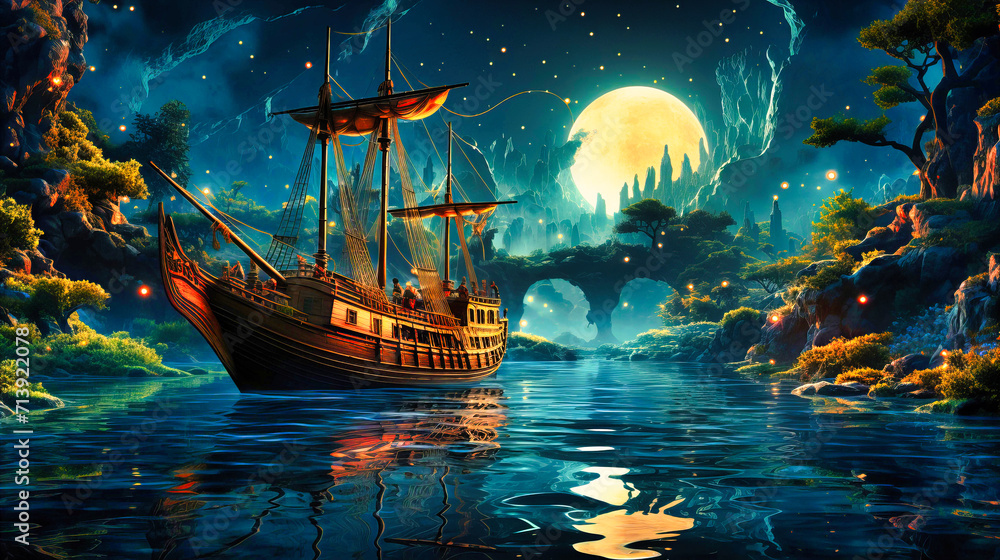 Set sail on a mysterious adventure with this moonlit ship illustration. The artwork combines elements of fantasy and nautical exploration in a captivating scene. - obrazy, fototapety, plakaty 