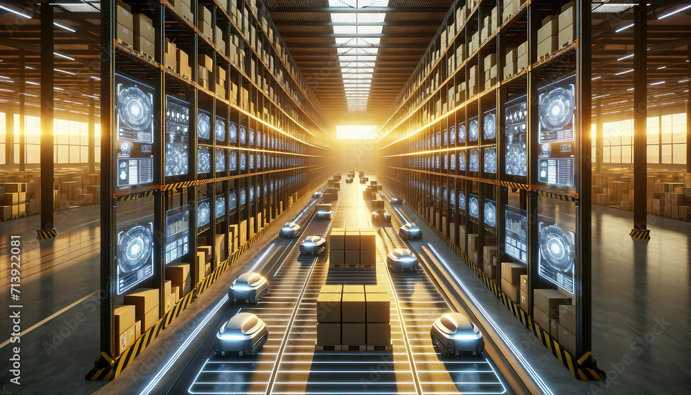 Futuristic Automated Warehouse with Robotic Technology.Advanced automated warehouse interior with robots carrying boxes and digital monitors displaying logistics information. Generative AI