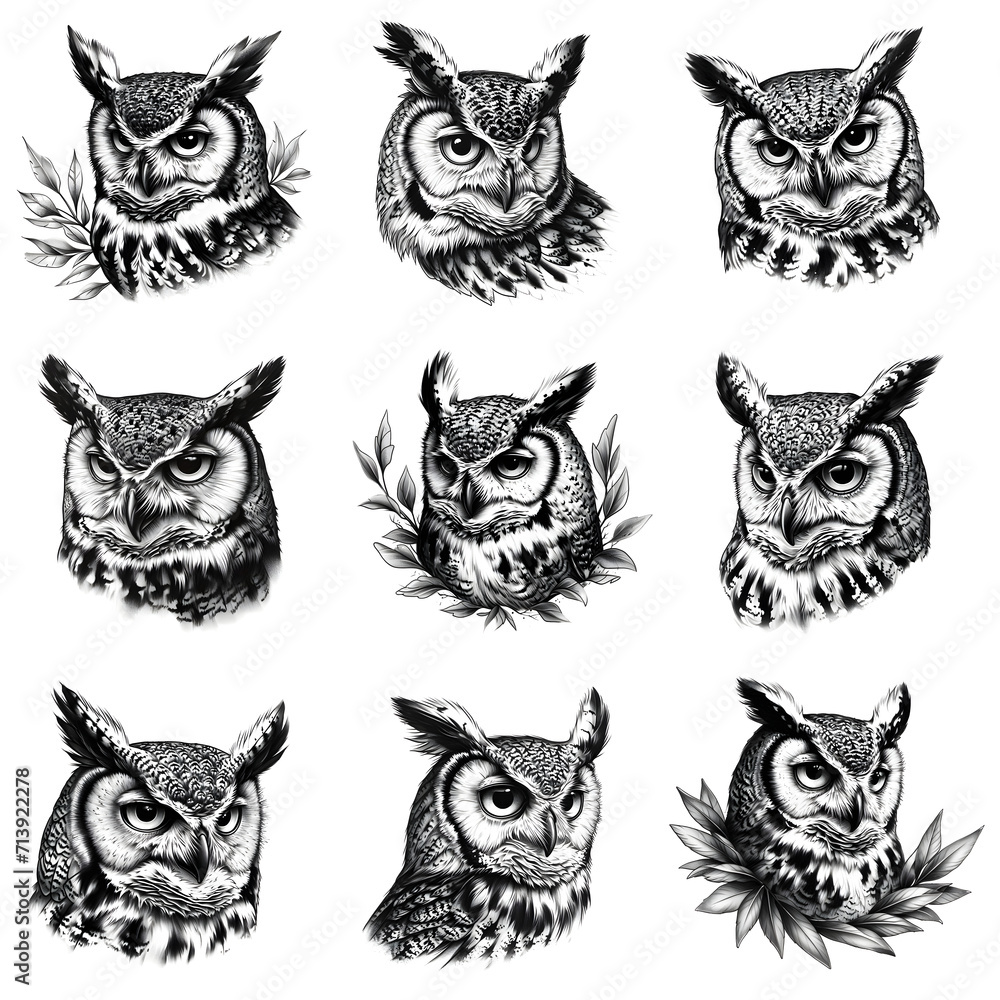 Obraz premium Set of birds owls black and white