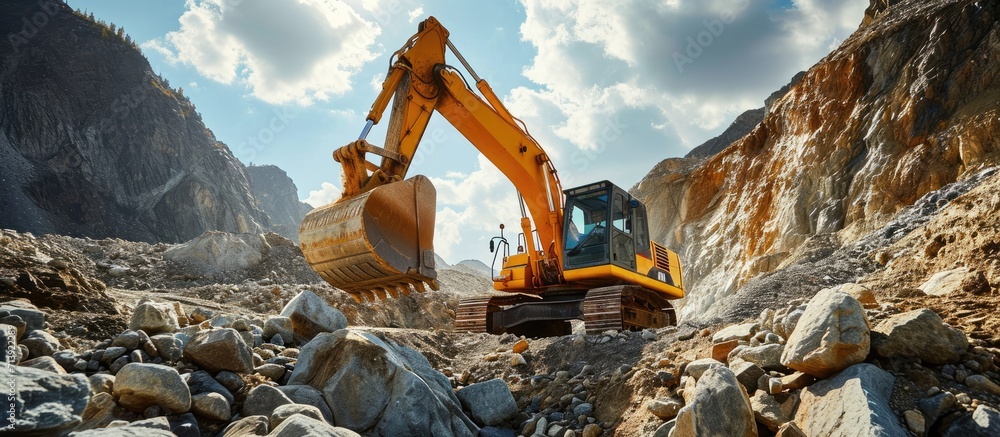 excavator loads the ground in the stone crusher machine during earthmoving works outdoors at mountains construction site. Creative Banner. Copyspace image
