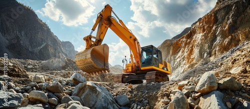 excavator loads the ground in the stone crusher machine during earthmoving works outdoors at mountains construction site. Creative Banner. Copyspace image photo