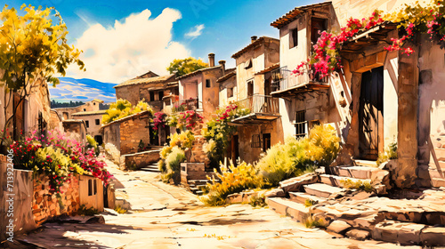 Transport yourself to a charming European village with this old-town illustration. The artwork showcases traditional architecture and narrow streets in a picturesque setting. photo