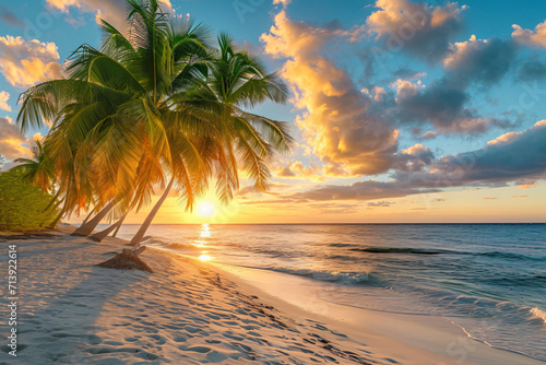 Beautiful Sunset on a Beach with Fresh Green Palm Trees - Generative AI. © Cevko