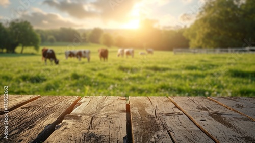 Empty wooden table top with meadow, farm, and cows on a grassy green field during the summer, morning light background. for display or montage of your products.