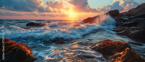 Golden hour, Golden sunset illuminates the vigorous ocean waves crashing against rocky shores, generative ai photo