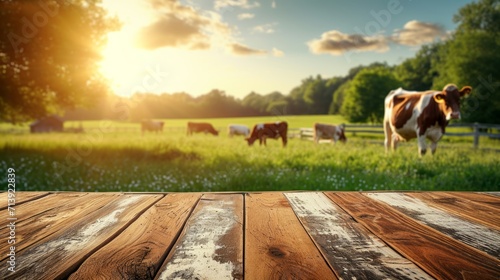 Empty wooden table top with meadow, farm, and cows on a grassy green field during the summer, morning light background. for display or montage of your products.