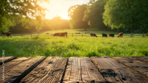 Empty wooden table top with meadow  farm  and cows on a grassy green field during the summer  morning light background. for display or montage of your products.