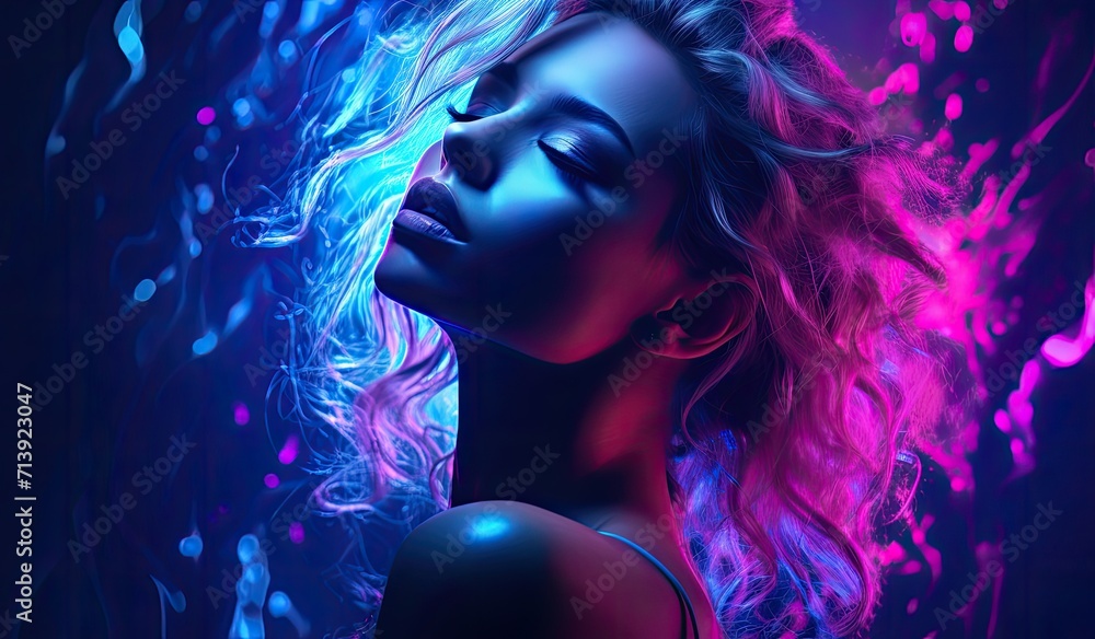 Portrait of a model against a neon pink and blue background, exuding a futuristic and fashionable vibe. - obrazy, fototapety, plakaty 