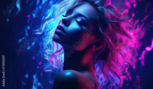 Portrait of a model against a neon pink and blue background, exuding a futuristic and fashionable vibe.