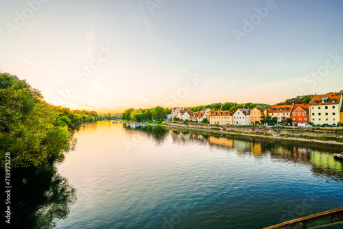 View of the Danube and the landscape in the city of Regensburg. Donau. 