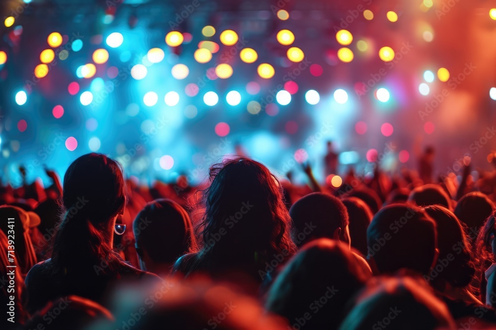 A vibrant crowd of music fans immersed in the excitement of a live concert, with stage lights illuminating the event.. - obrazy, fototapety, plakaty 