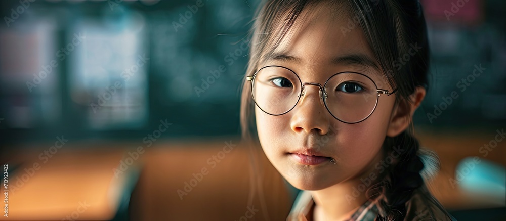 Cute asian girl holding glasses in classroom. Creative Banner. Copyspace image
