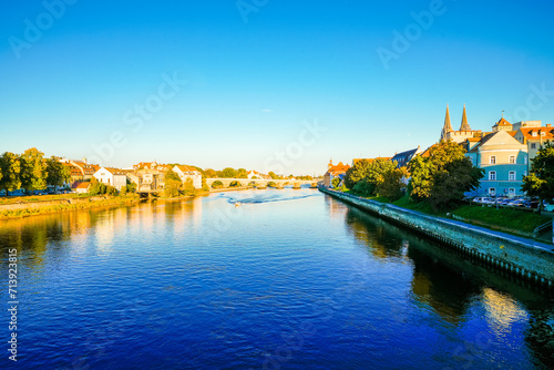 View of the Danube and the landscape in the city of Regensburg. Donau.  © Elly Miller