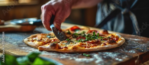 Close up of male hand slicing freshly baked pizza with round cutter wheel. Creative Banner. Copyspace image photo