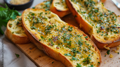 Golden Delight: A Close-up of Garlic Bread photo