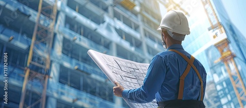 Computer graphics view from the back of a builder in a helmet who holds a blueprint in his hands against the background of floating blueprints The concept of the construction business of the fu photo