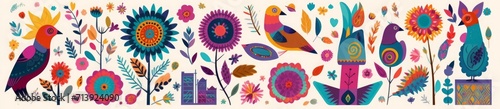Beautiful colorful cartoon floral collection with leaves  flowers  tree and birds. Mexican ethnic pattern  Generative AI 