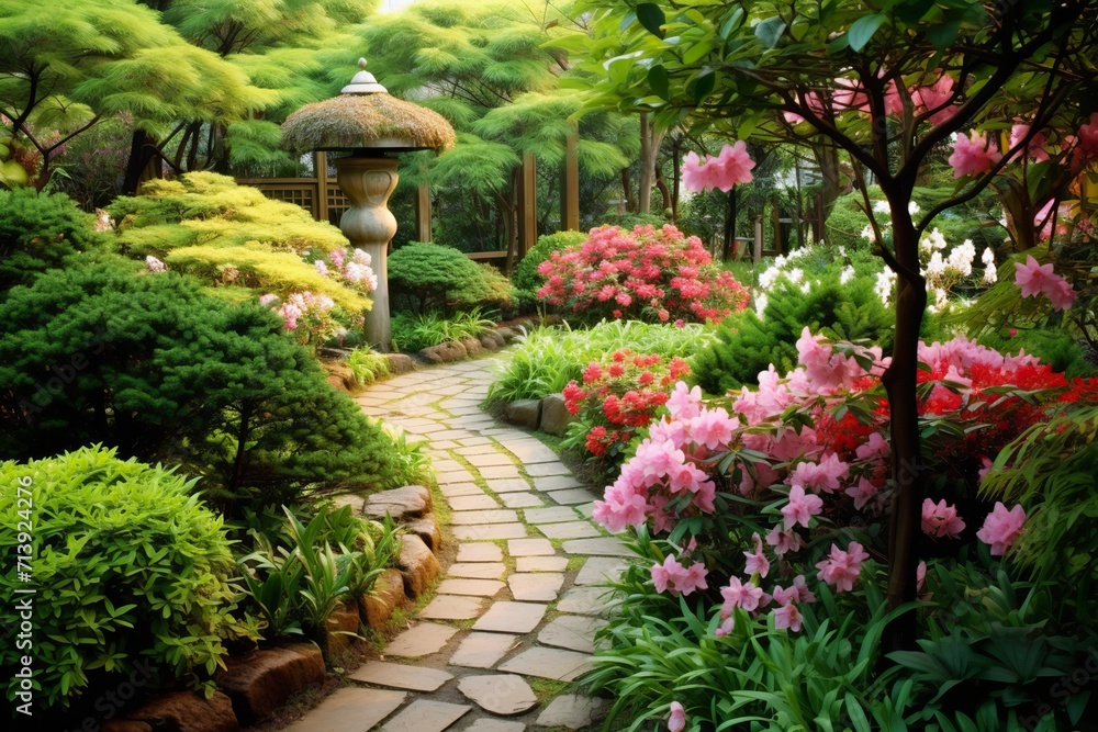 Garden with blooming flowers and pathway Garden with blooming flowers and pathway
