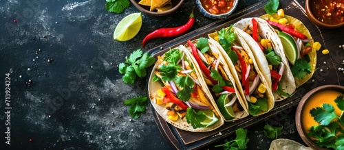 Delicious tacos with grilled fish cilantro lime cabbage carrot jalapeno and radish with mexican chili crema sauce. Creative Banner. Copyspace image photo