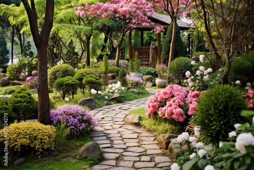 Garden with blooming flowers and pathway © CREATIVE STOCK