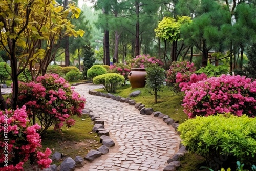 Garden with blooming flowers and pathway