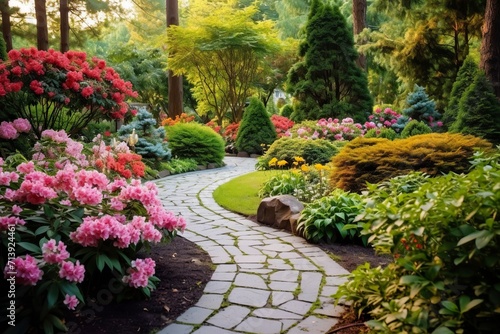 Garden with blooming flowers and pathway