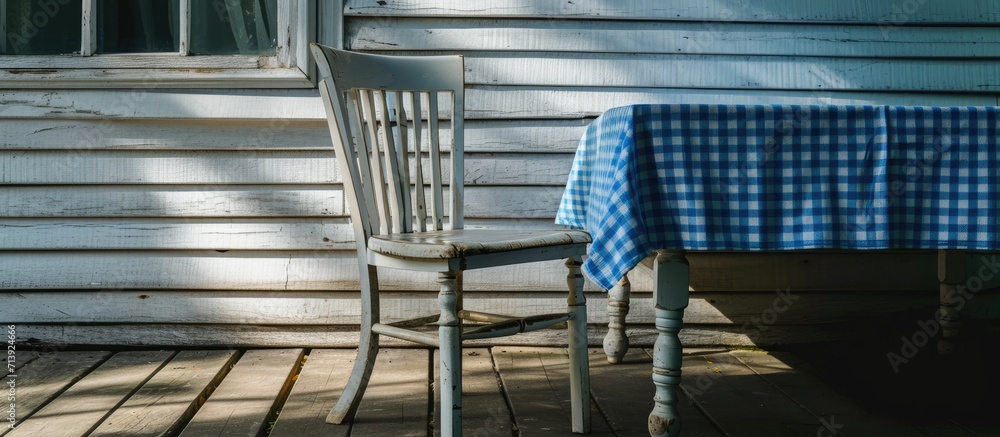 Fototapeta premium Empty table covered with blue and white chequered tablecloth next to white wooden chair. Creative Banner. Copyspace image
