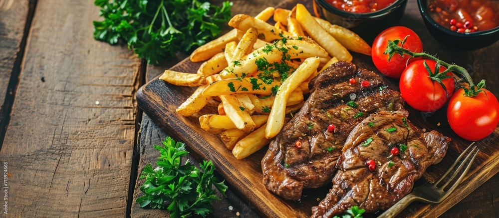 Freshly grilled steak with French Fries parsley and tomatoes. Creative Banner. Copyspace image