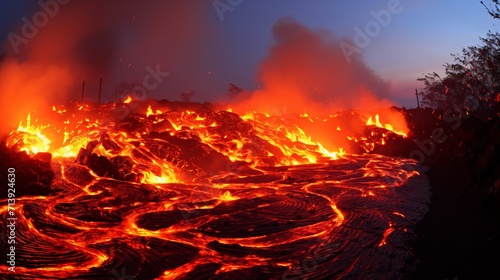 Majestic lava flow illuminating the landscape in the aftermath of a volcanic eruption