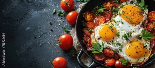 Fried eggs with chorizo and tomato paste in the pan close up. Creative Banner. Copyspace image
