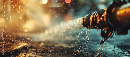 firefighter water spray by high pressure fire hose with copy space in cinematic tone. Creative Banner. Copyspace image photo