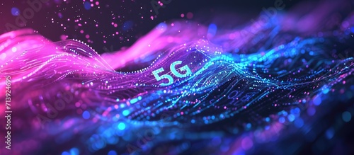 Creative background the inscription 5G on the background of purple and blue energy dark background The concept of 5G network high speed mobile Internet new generation networks Copy space
