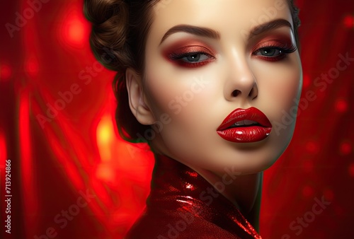 the stunning beauty of a supermodel, highlighting the timeless beauty of red lips. Soft lighting accentuates the contour and texture of the lips
