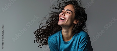 Dental health care concept picture happy excited beautiful woman in blue cloth show white toothy smile Portrait image of brunette girl isolate over grey gray background wide banner ad copy spac