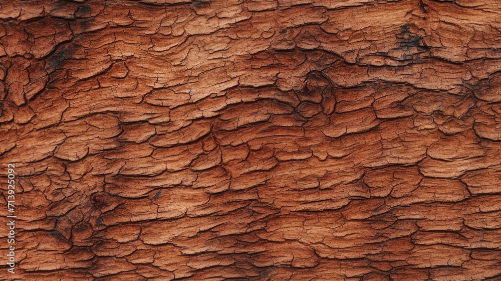 Fototapeta premium Seamless tree bark background texture closeup. Rustic detailed dark reddish brown wallpaper backdrop, generative AI