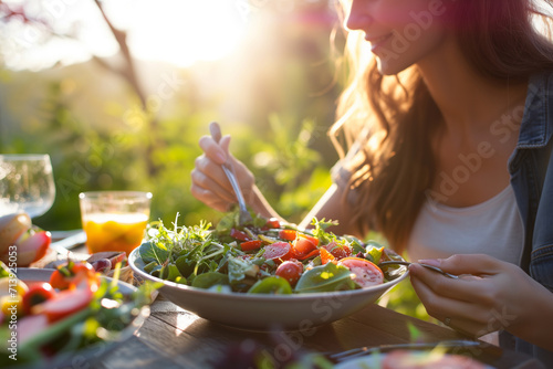 Happy vegeterian woman eating salad in the garden at home. Vegan  healthy lifestyle concept