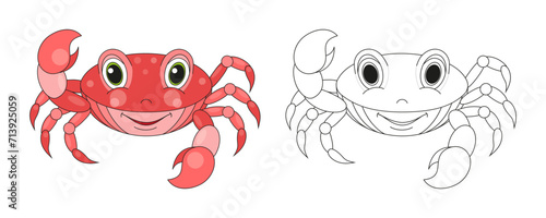 Crab line and color illustration. Cartoon vector illustration for coloring book.