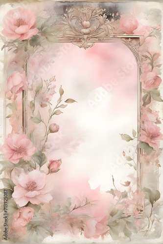 Vintage Floral Frame Grunge watercolor paper for scrapbook, junk journal, sweet watercolor paper