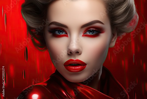 A woman with striking makeup, including bold red lips, posing gracefully against a vibrant red background.