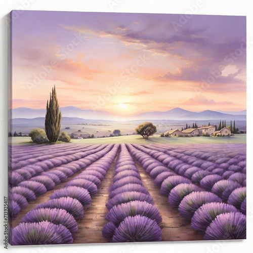 A home beneath a lavender field under a setting sun ai generated photo