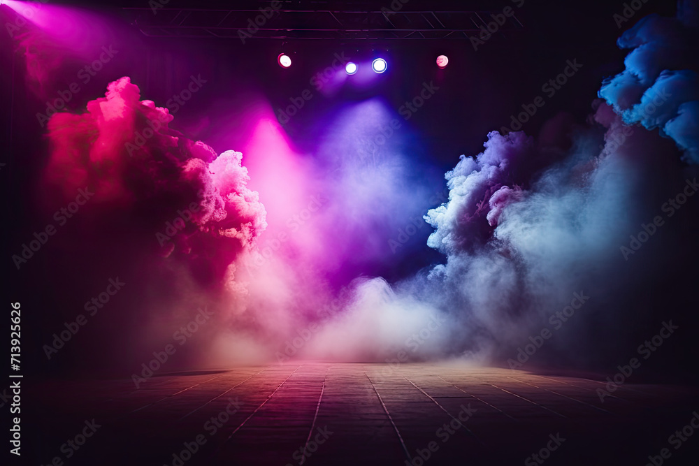 empty  studio room with smoke float up the interior texture for display products. The dark stage shows, empty dark blue, purple, pink background, neon light, spotlights,