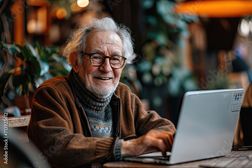 older man smile face using a laptop