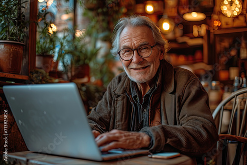 older man smile face using a laptop