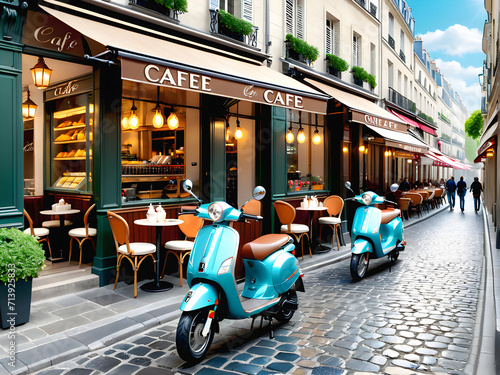 Parisian Scooter Sojourn: Tourists Pause at Café Terrace, Blending Modern Mobility with Timeless Charm. generative AI
