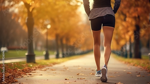 Genuine stock image featuring the back view of a woman's leg in sports attire strolling through a serene autumn park, captured in an Instagram-style composition, providing copy space