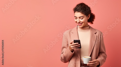 Employing a super-resolution approach, craft a visually stunning image of a pretty young woman using her mobile phone and savoring coffee against a pastel-colored studio background