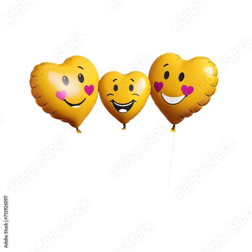 Three Smiling Heart-Shaped Emoji Balloons with Different Expressions, Isolated on White Background