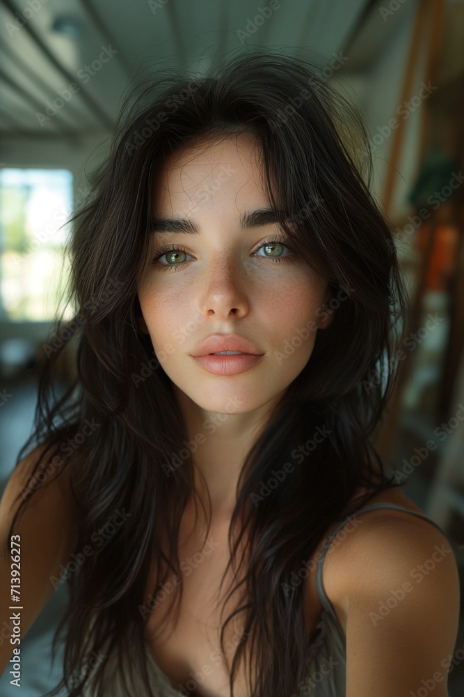 20 year old woman with long black hair takes a selfie at arm's length in a modern interior near the window 20 year old woman with long black hair takes a selfie at arm's length in a modern interior near the window