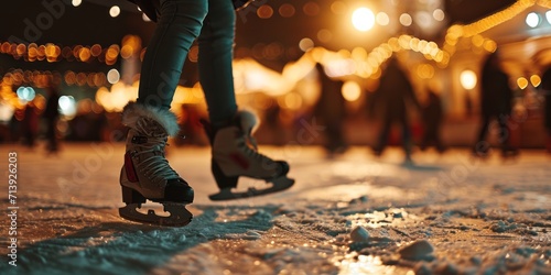 Close up from the ground of a woman ice skating. photo